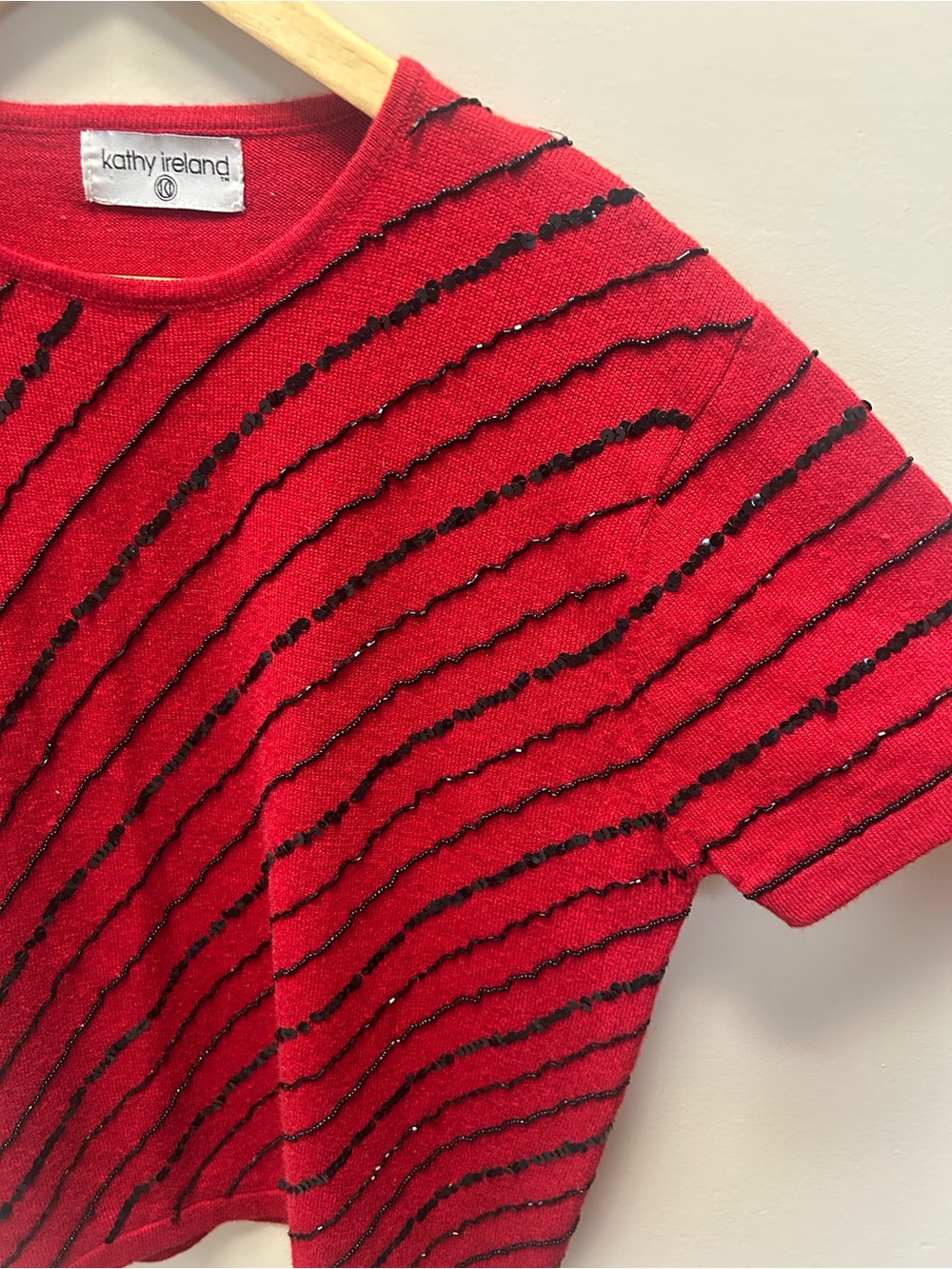 kathy ireland Red Short-Sleeve Knit Top with Black Sequin Diagonals Christmas - Picture 3 of 6